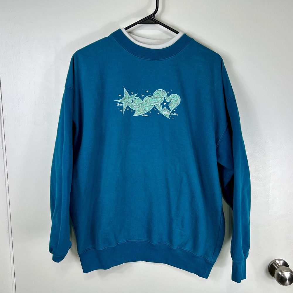 Vintage MC Sportswear Sweatshirt Live Love‎ More Size L Teal Grandmacore Cottage